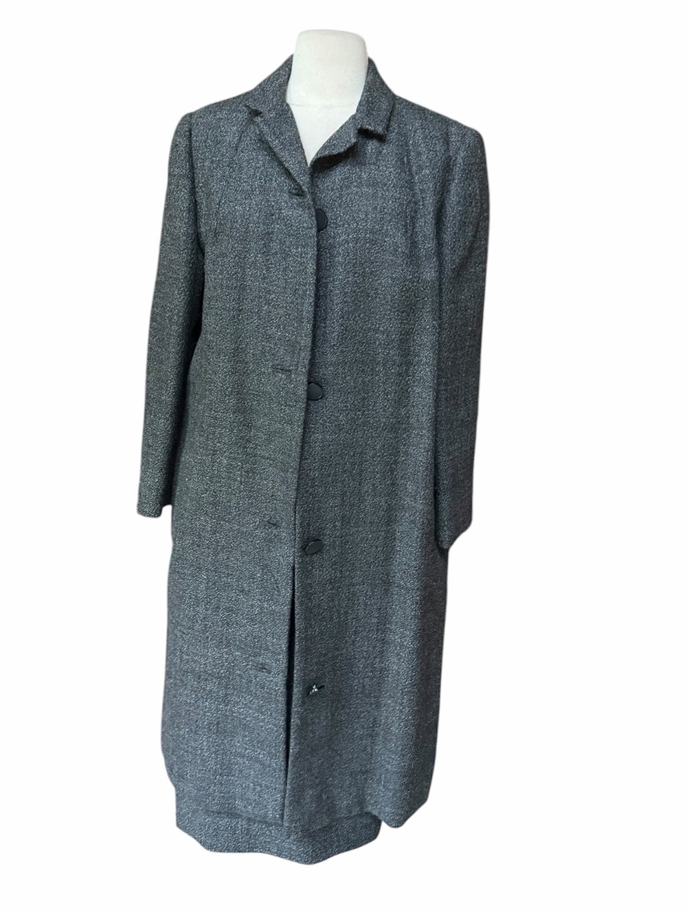 Late 80s/Early Charcoal & White Wool Tweed Balmacaan Coat & Matching Skirt Set